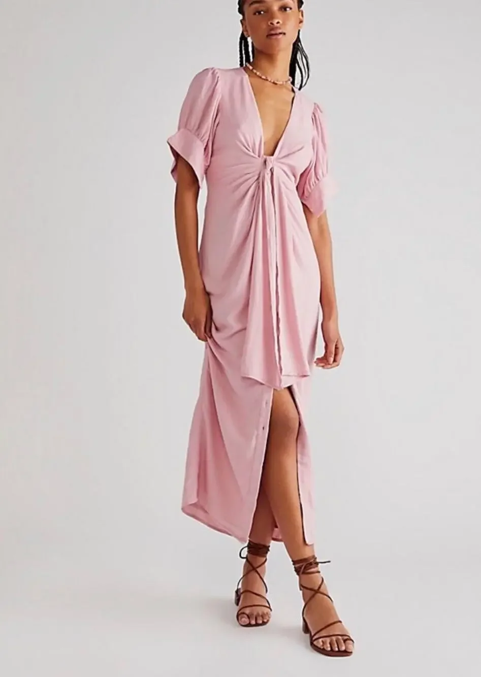 Free People endless summer Pink Tie Front Midi Dress Cottagecore Puff Sleeve  M